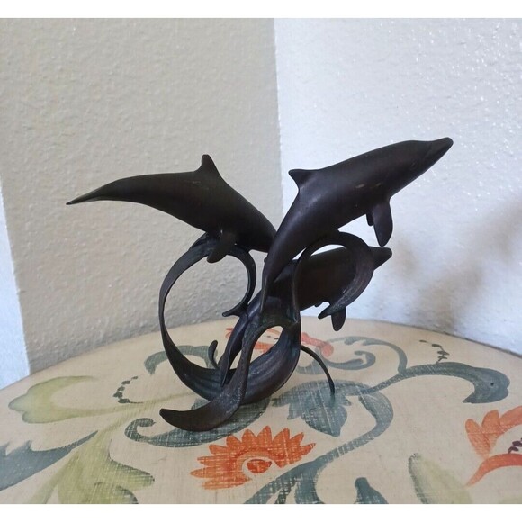 Vintage Dancing Dolphins Bronze Wave Base MCM Sculpture Patina Swimming Dolphins - Picture 7 of 12